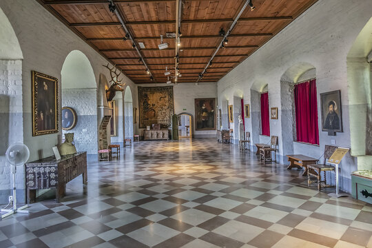 Interior of Malmo Castle (or Malmohus slott) in Malmo, built from 1537 to 1542 on the ruins of old fort, is oldest preserved Renaissance castle in Scandinavia. Malmo, Scania, Sweden. August 11, 2019.
