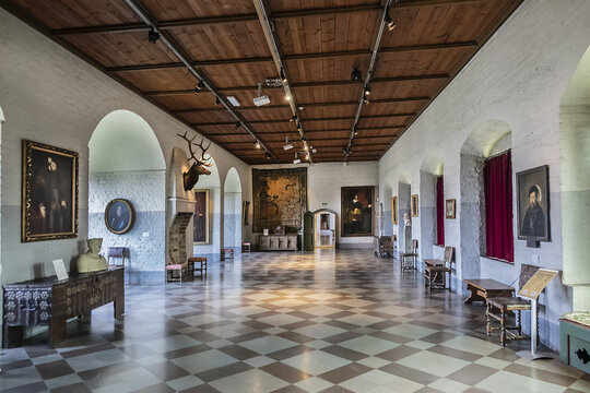 Interior of Malmo Castle (or Malmohus slott) in Malmo, built from 1537 to 1542 on the ruins of old fort, is oldest preserved Renaissance castle in Scandinavia. Malmo, Scania, Sweden. August 11, 2019.