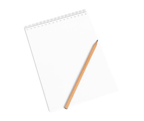 Open blank notebook and pencil isolated on white background.