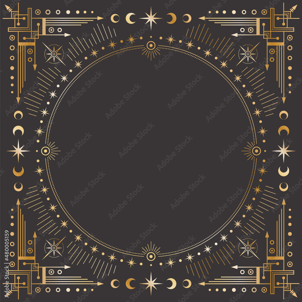 Canvas Prints vector mystic outline celestial square golden frame with stars, moon phases, crescents, arrows and c