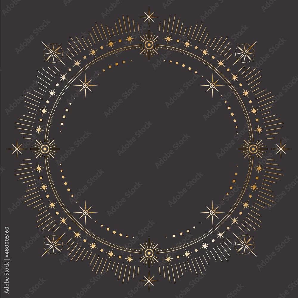 Wall mural vector mystic celestial round golden outline frame with different stars, beams and a copy space. orn