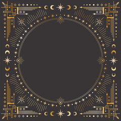 Vector mystic outline celestial square golden frame with stars, moon phases, crescents, arrows and copy space. Ornate shiny magical linear geometric border with radial circles and a place for text