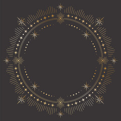 Vector mystic celestial round golden outline frame with different stars, beams and a copy space. Ornate shiny magical linear border with a place for text - obrazy, fototapety, plakaty