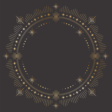 Vector mystic celestial round golden outline frame with different stars, beams and a copy space. Ornate shiny magical linear border with a place for text