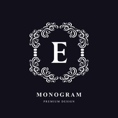 Vintage monogram with letter E. Calligraphic art  Logo. luxurious Drawn Emblem for Book Design, Brand Name, Business Card, Jewelry, Restaurant, Boutique. Creative Floral Template. Vector illustration