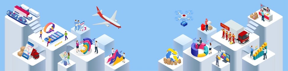 Isometric Logistics and Delivery Infographics. Delivery home and office. City logistics Business analysis, analytics, research, strategy statistic, planning, marketing, study of performance indicators