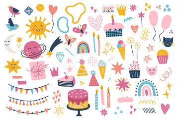 Birthday design elements - sun, cake, ice cream, balloon, candles, stars