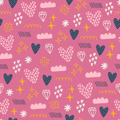 Valentine seamless pattern with hearts, stars, diamonds, clouds, abstract shapes