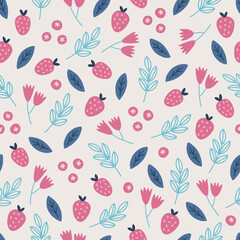 Floral seamless pattern with strawberry, flowers, berries, leaves. Vector illustration