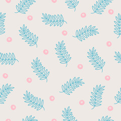 Floral seamless pattern with berries and leaves on white background