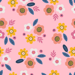 Seamless pattern with flowers, berries and leaves. Vector illustration