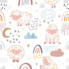 Seamless pattern with cute sheep, moon, clouds. Creative good night background. Perfect for kids apparel,fabric, textile, nursery decoration,wrapping paper.Vector Illustration