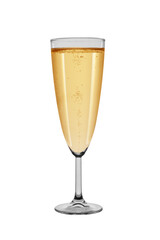 Glass filled with champagne sparkling wine with gas bubbles. Isolated on a white background, close-up