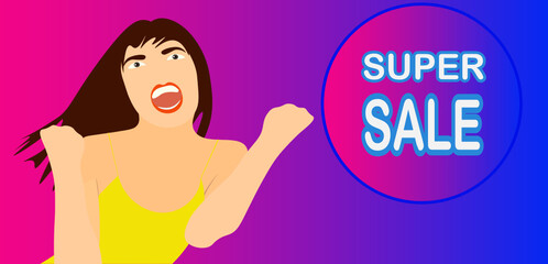 super sale. rebajas. mujer contenta por rebajas. chica eufórica por los descuentos.