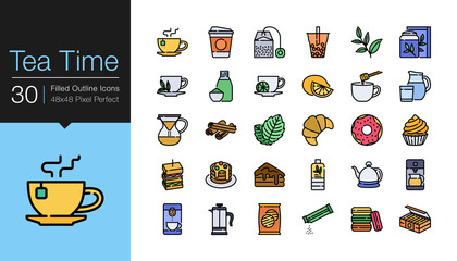 Tea time icons. Filled outline design. For presentation, graphic design, mobile application or UI.