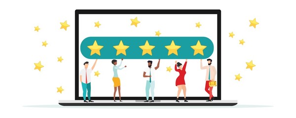 Online quality assessment. Five stars, five likes. Customer feedback, testimonial, online survey concept. Group of people rating customer experience, writing review, leaving feedback. Vector.
