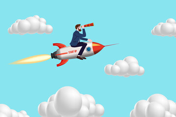 Businessman on a rocket fly through sky. Start up, goal achievement metaphors. Clouds background. Vector illustration