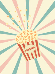 Popcorn. A large box with red and white stripes. A night movie icon in a movie theater. Popcorn food. Flat design style. Blue background. Isolated. Vector illustration