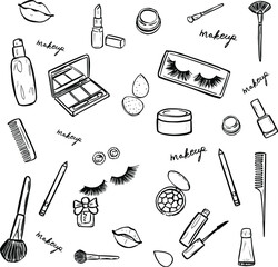 Hand draw elements of cosmetology, hairdressing, makeup and manicure. Cosmetic instrument isolated. Fashion woman accessory set isolated vector on white background.