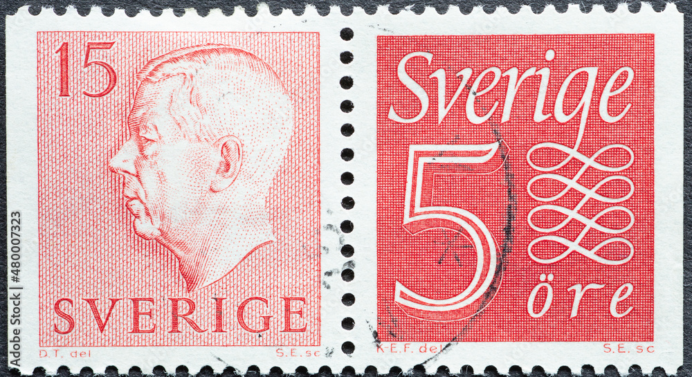 Wall mural sweden - circa 1957: a postage stamp from sweden showing a portrait of king gustaf vi adolf and numb