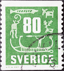 Sweden - circa 1957 a postage stamp from Sweden showing prehistoric rock carvings