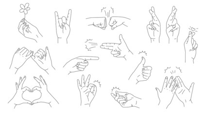 Simple hand gestures linear vector set. Vector set isolated on white background. OK, love, pinky swears, high five, fist bump, fingers crossed, and pointing gestures. - 480007507