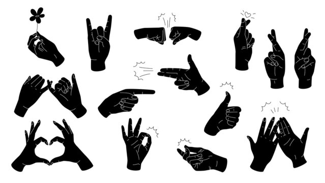Simple hand gestures black silhouettes. Vector set isolated on white background. OK, love, pinky swears, high five, fist bump, fingers crossed, and pointing gestures.