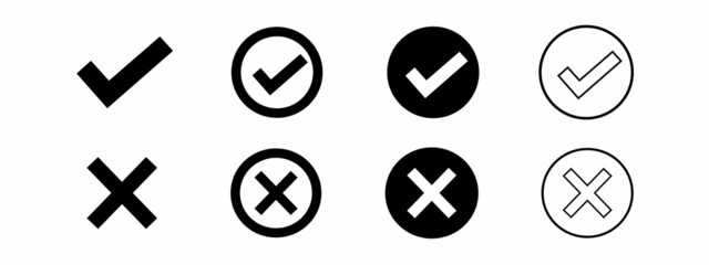 Check mark, Cross mark black icon set. Isolated checkmark symbol. Vector illustration.