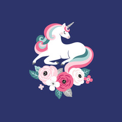 Cute vector unicorn with vintage flowers on dark blue background. Perfect for tee shirt logo, greeting card, poster, invitation or print nursery design.