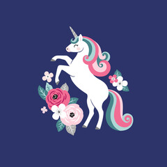 Cute vector unicorn with vintage flowers on dark blue background. Perfect for tee shirt logo, greeting card, poster, invitation or print nursery design. © MirabellePrint