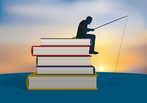 Concept de la culture et de la connaissance, avec un homme qui pêche symboliquement, au sommet d’une pile de livres.