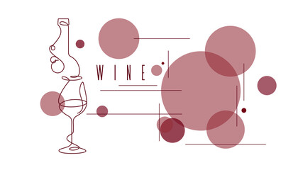 Horizontal background with wine bottle, wineglass. Continuous line, a single line drawing on a white background. Modern design element for wine tasting, menu, wine list,  restaurant, winery, boutique.