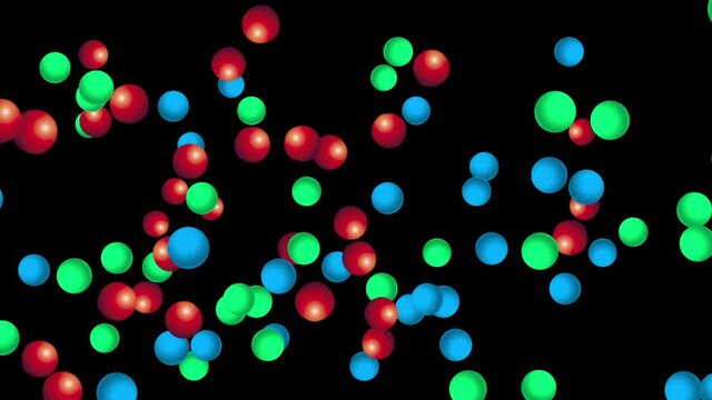 Three-dimensional jumble of red, green and blue balls flying randomly and unregulated across the screen, abstract motion graphics