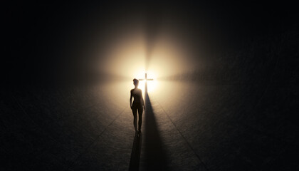 Hope and fear concept. Young woman in dark tunnel looks towards light opening with cross in the background. 3D rendering.