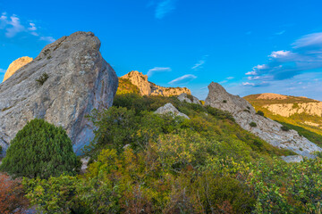 Megalithic construction (pagan temple of the sun) in the mountains of Crimea.