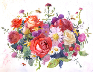 Watercolor illustration of Summer and Autumn flowers. Roses, daisies, chrysanthemums with bees, ladybugs. Bouquet on white background. For prints, posters, wedding material, greetings, invitations. 