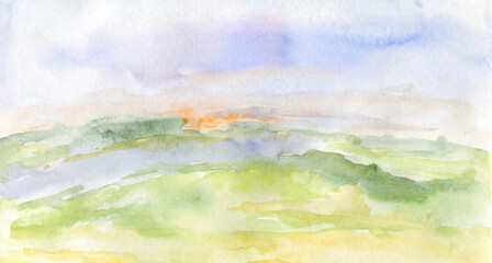 Watercolor background. Summer landscape with fields.