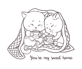 Kittens' couple under the blanket with tea cups. Line art with a sign 