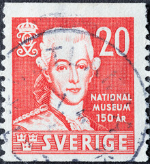 Sweden - circa 1942: a postage stamp from Sweden showing a portrait of King Gustavus III, by A....