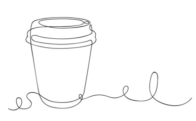 Paper Cup of tea or coffee. Coffee drink made of single continuous line. Coffee to go concept, for fast food cafe design. Vector