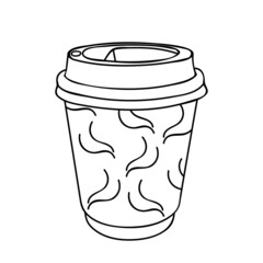 Paper Cup of tea or coffee. Coffee drink in line drawing. Coffee to go concept, for fast food cafe design. Vector