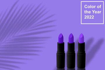 set of matte lipstick on a delicate purple, lilac background, close-up, the concept of decorative...