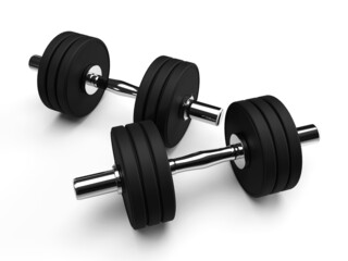 Obraz na płótnie Canvas 3d render, shiny metal dumbbells with black pancakes on a white background, gym, sports, weightlifting, healthy lifestyle