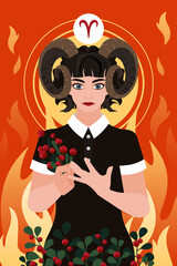Woman presenting horoscope illustration with astrological zodiac sign Aries. Collection of female magic in cartoon design. Vector illustration by hand.