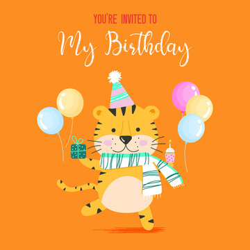 Vector birthday invitation card. Illustration of a tiger cub with balloons, a gift and a cake