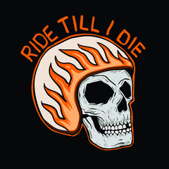 hand drawn helmet skull with ride till die words, vector premium