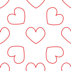 Red hearts in line style. Seamless romantic pattern. Colorful doodle hearts on white vector background. Ready template for design, postcards, print, poster, party, Valentine's day, vintage textile.