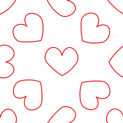 Red hearts in line style. Seamless romantic pattern. Colorful doodle hearts on white vector background. Ready template for design, postcards, print, poster, party, Valentine's day, vintage textile.