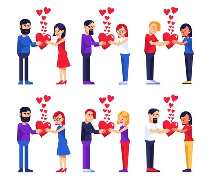 Couples in love give each other hearts. Men and women on valentine day. Vector cartoon illustration.