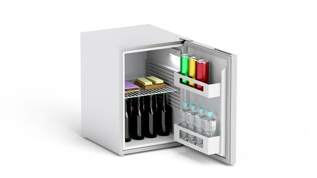 Minibar refrigerator full with drinks and snacks